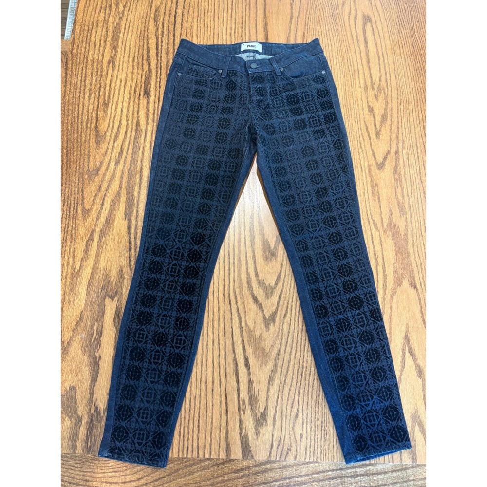 PAIGE Emily Ultra Skinny Jeans Dark Wash Velvet Flocked Geometric Indigo 29